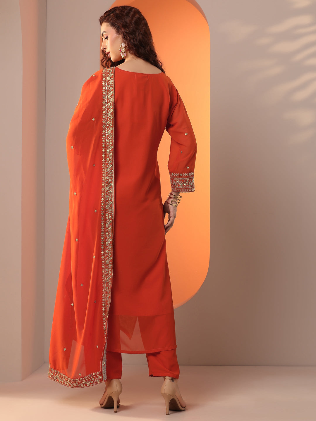 Libas Orange Embellished Georgette Straight Suit Set With Dupatta