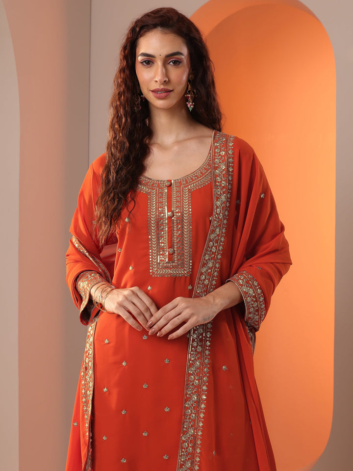 Libas Orange Embellished Georgette Straight Suit Set With Dupatta