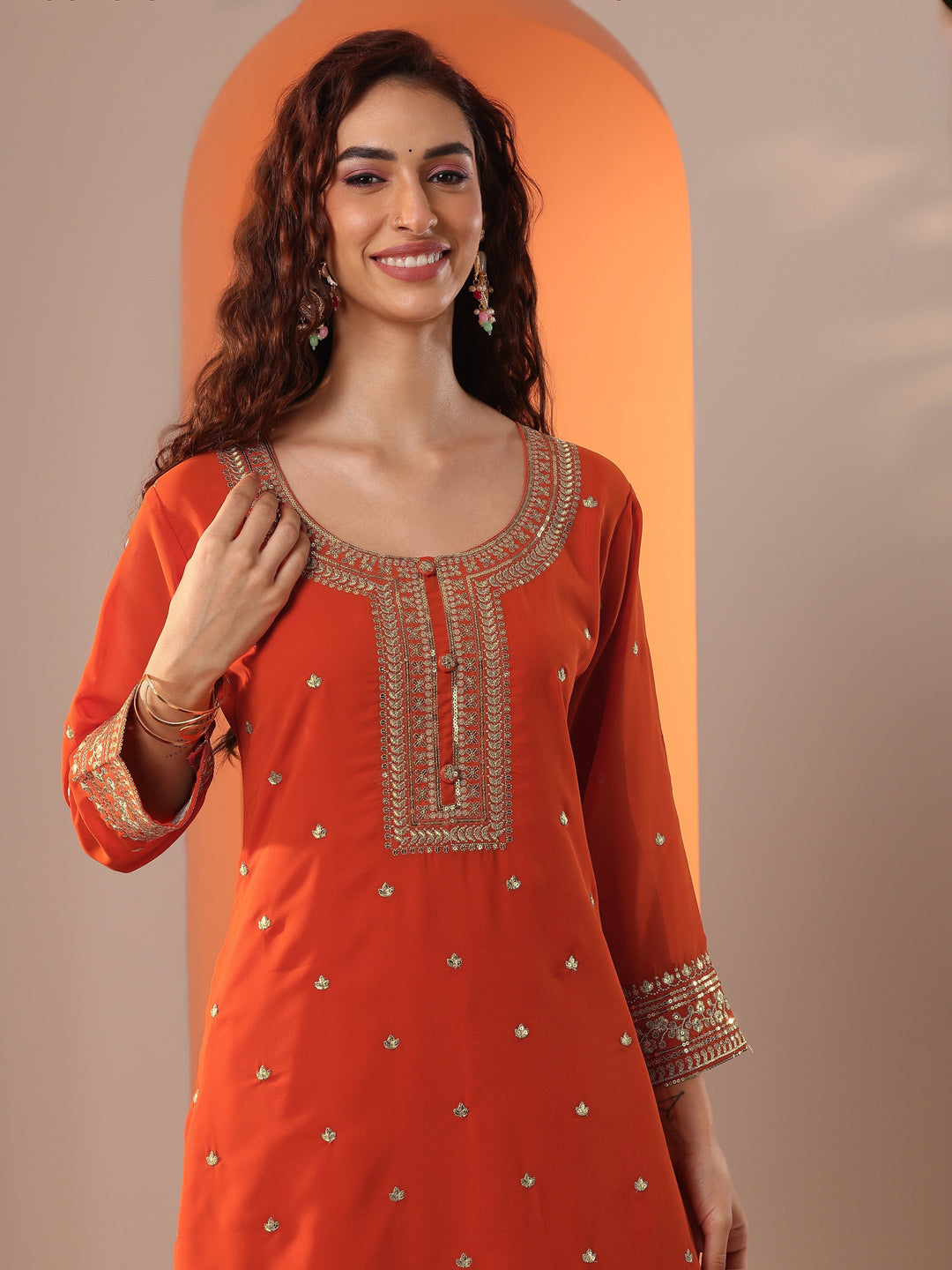 Libas Orange Embellished Georgette Straight Suit Set With Dupatta