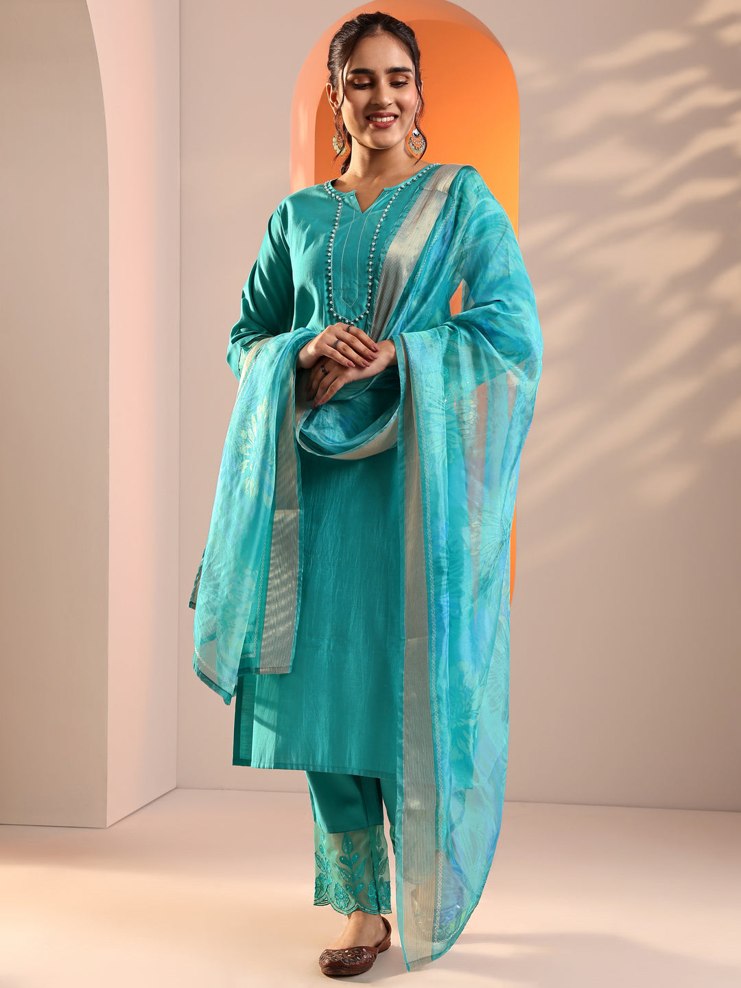 Blue Embellished Silk Blend Straight Suit Set With Dupatta