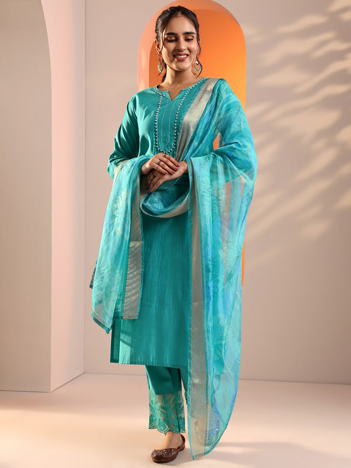 Blue Embellished Silk Blend Straight Suit Set With Dupatta