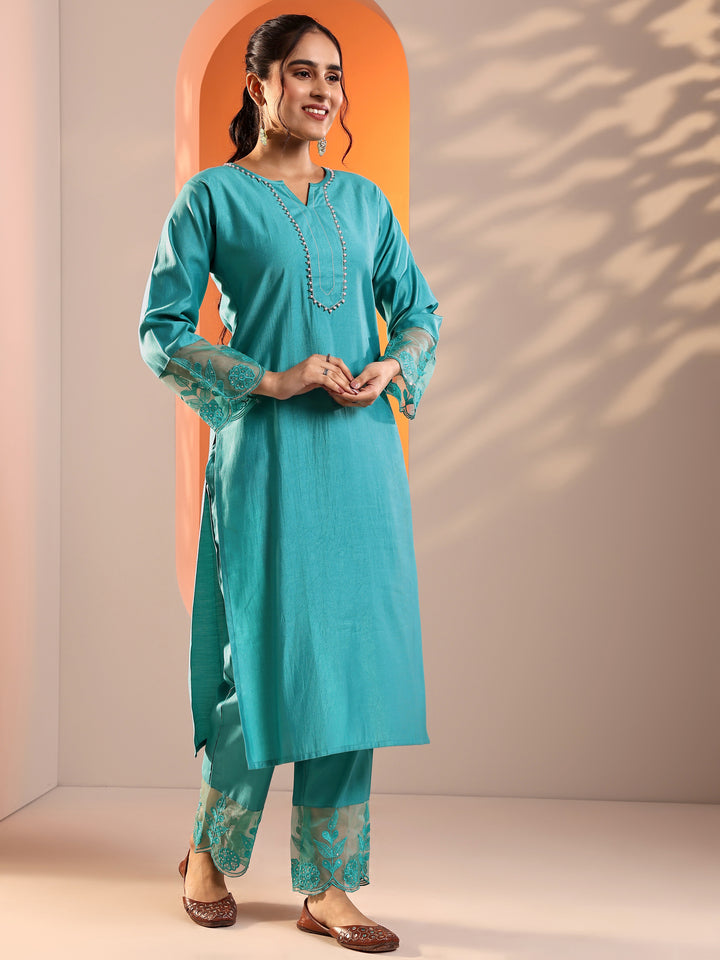 Blue Embellished Silk Blend Straight Suit Set With Dupatta