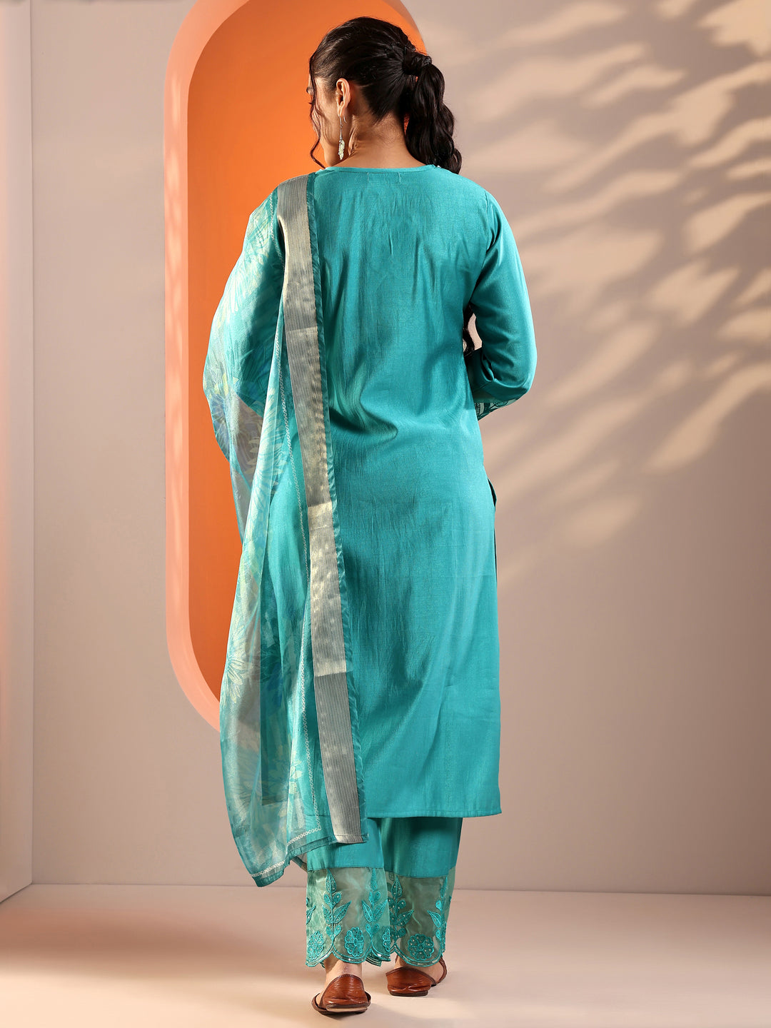 Blue Embellished Silk Blend Straight Suit Set With Dupatta