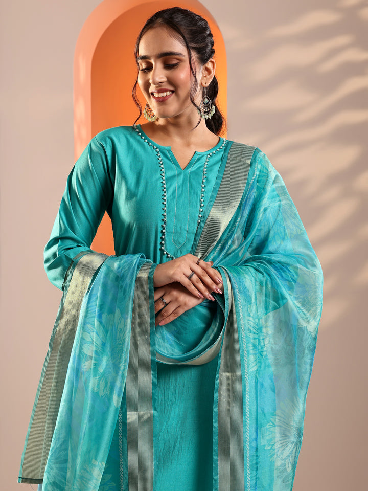 Blue Embellished Silk Blend Straight Suit Set With Dupatta