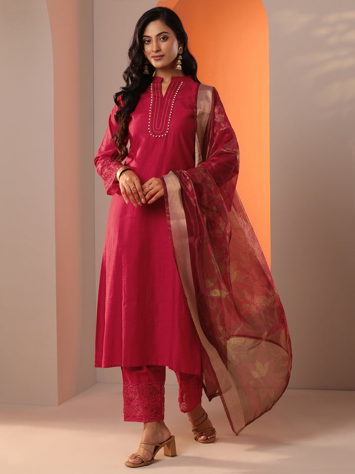 Gerua Red Woven Design Silk Blend Straight Suit Set With Dupatta
