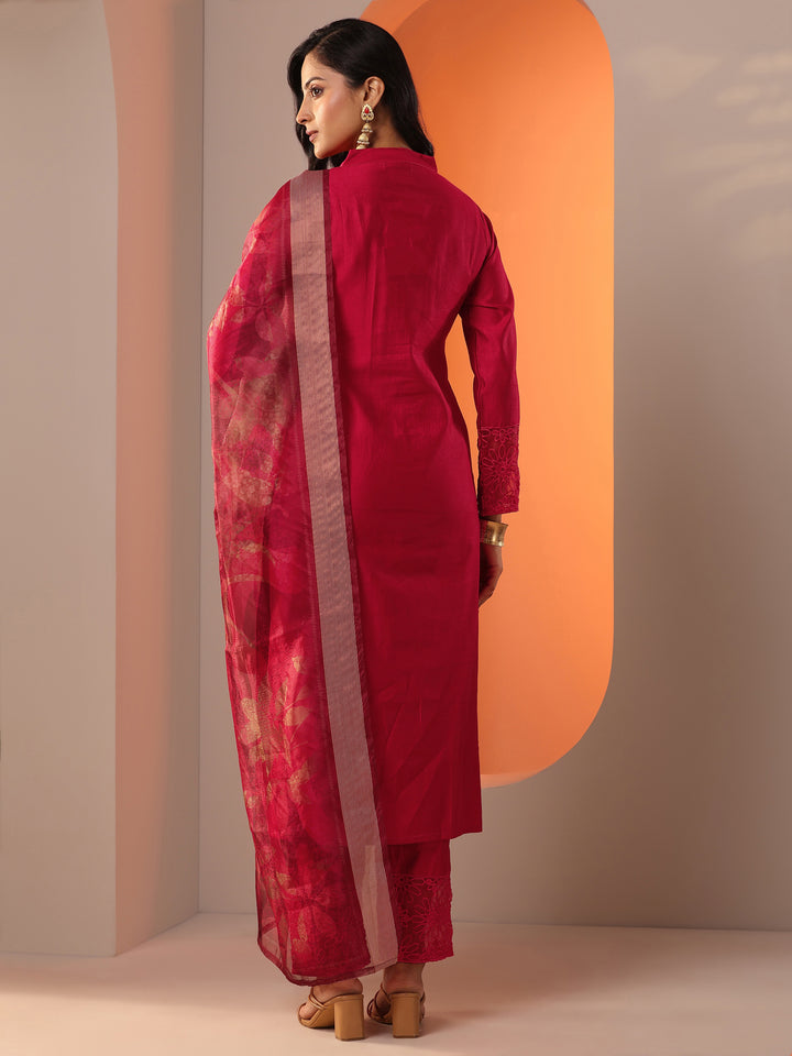 Red Woven Design Silk Blend Straight Suit Set With Dupatta