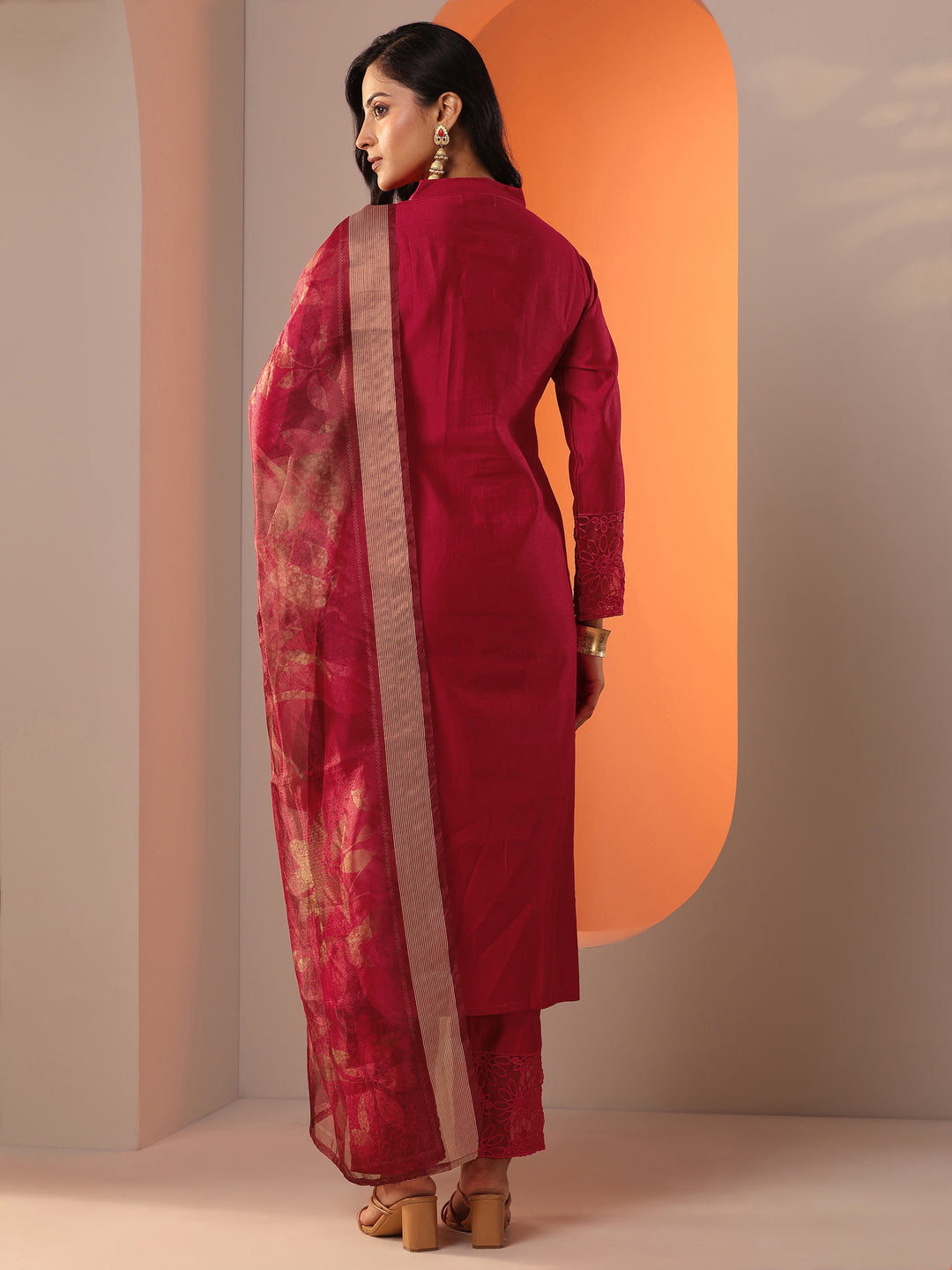 Gerua Red Woven Design Silk Blend Straight Suit Set With Dupatta