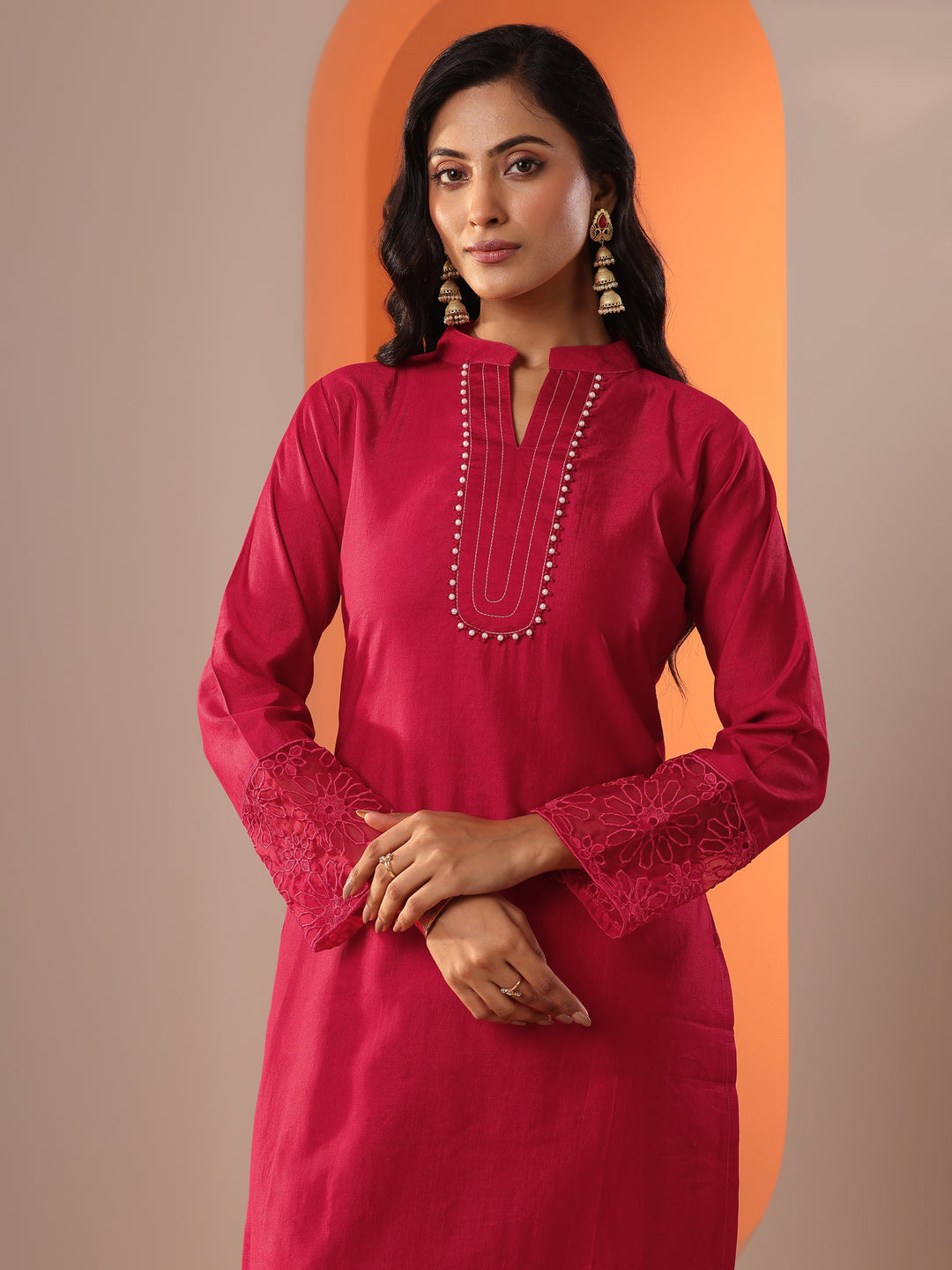 Red Woven Design Silk Blend Straight Suit Set With Dupatta