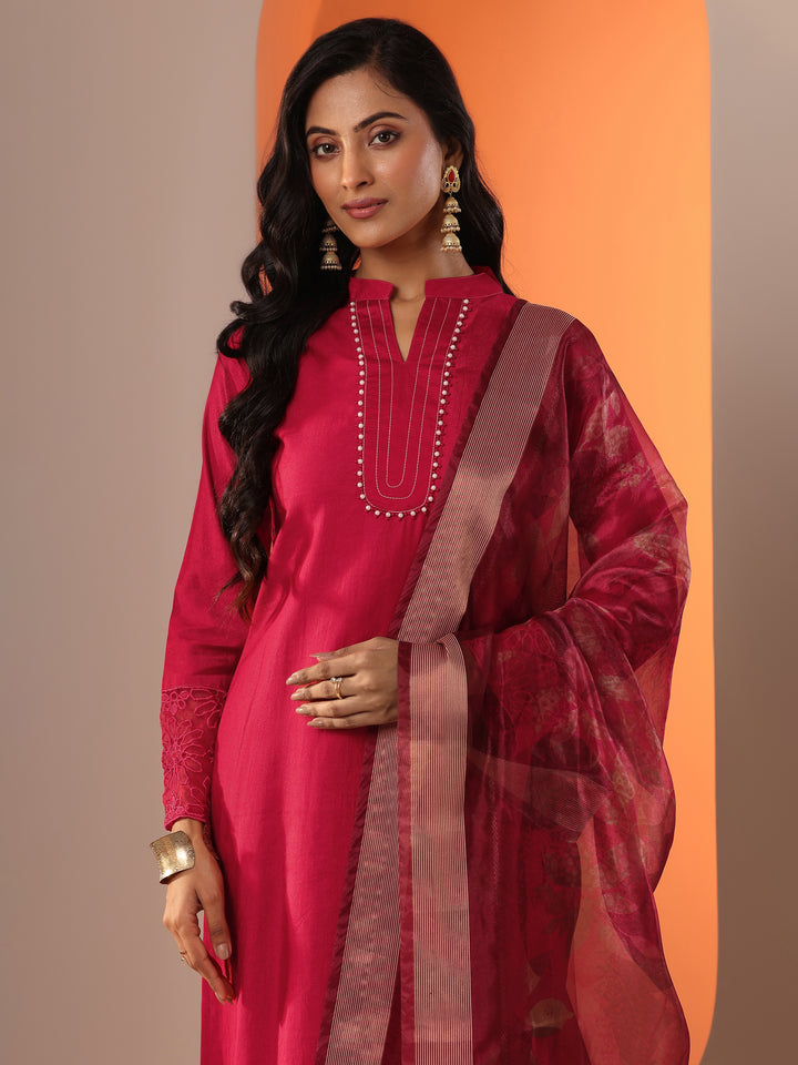 Red Woven Design Silk Blend Straight Suit Set With Dupatta