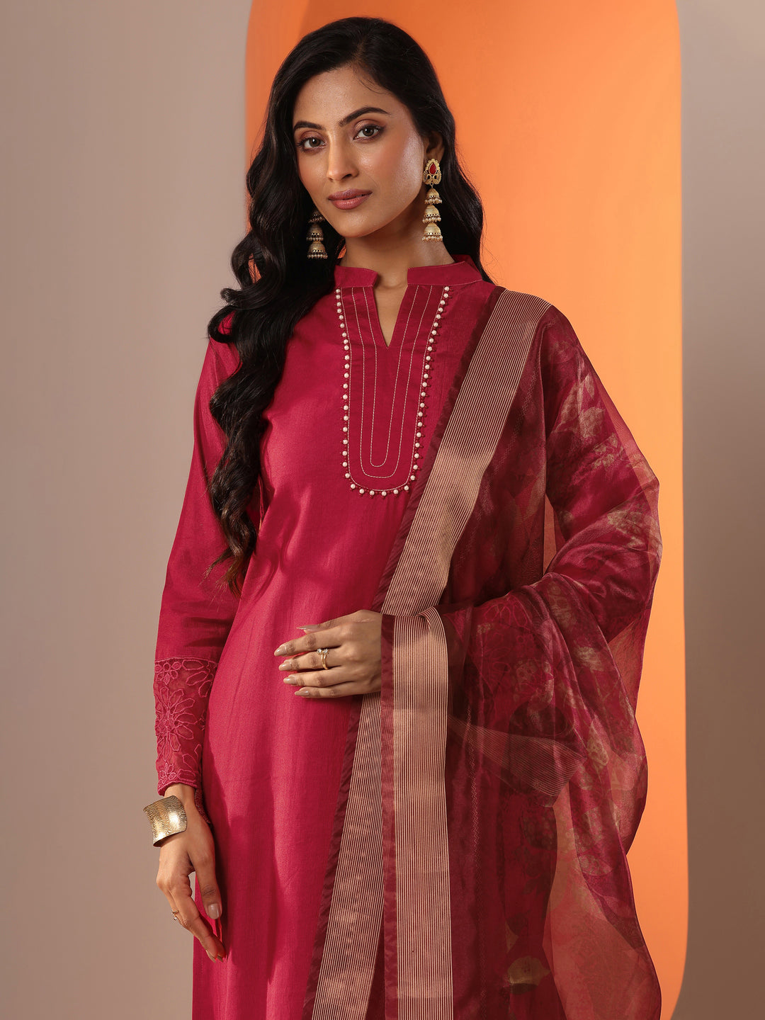Gerua Red Woven Design Silk Blend Straight Suit Set With Dupatta