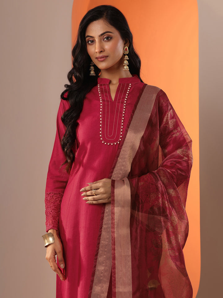 Gerua Red Woven Design Silk Blend Straight Suit Set With Dupatta