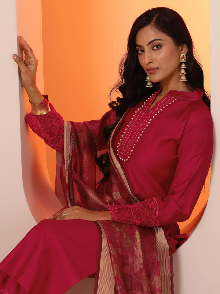 Gerua Red Woven Design Silk Blend Straight Suit Set With Dupatta