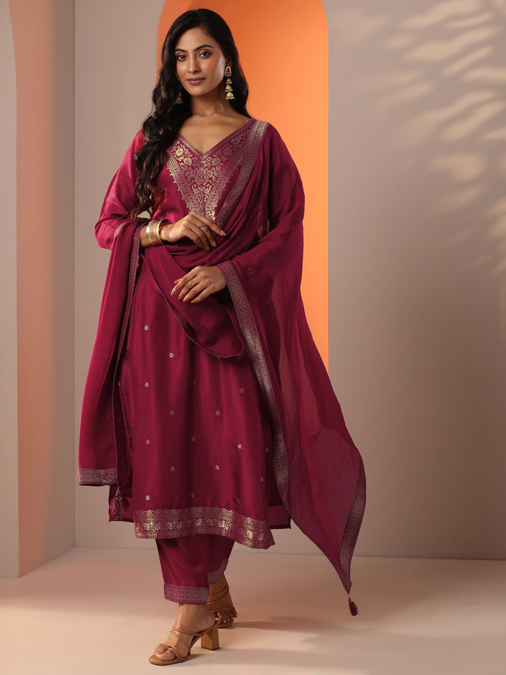 Maroon Woven Design Silk Blend Straight Suit Set With Dupatta