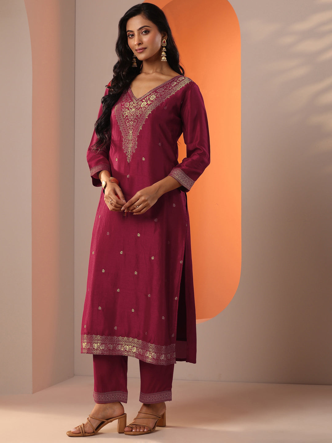 Maroon Woven Design Silk Blend Straight Suit Set With Dupatta