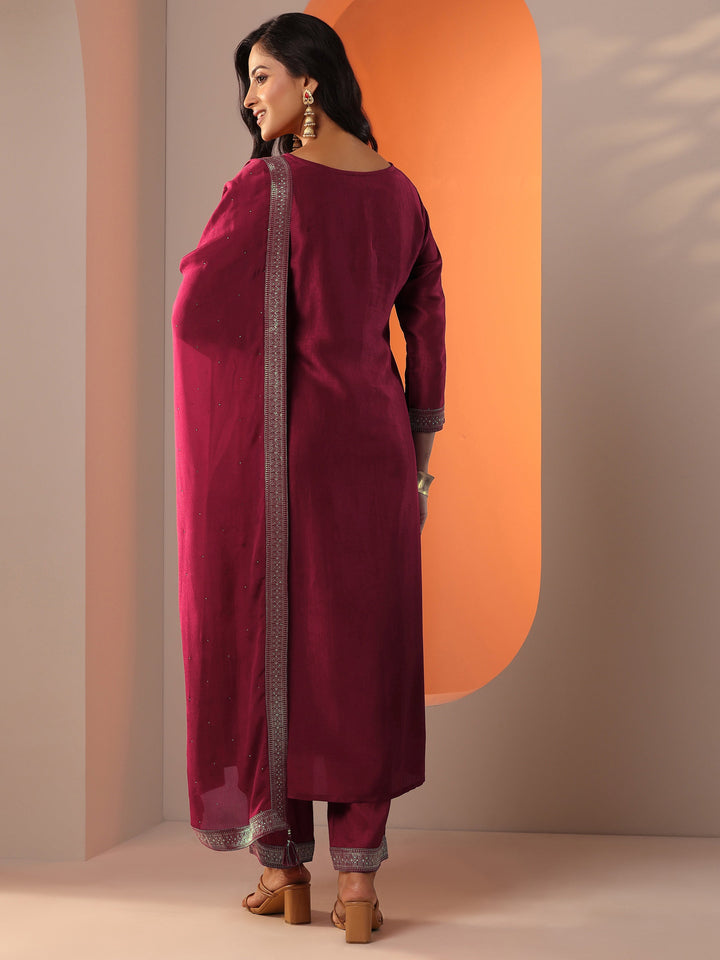 Maroon Woven Design Silk Blend Straight Suit Set With Dupatta