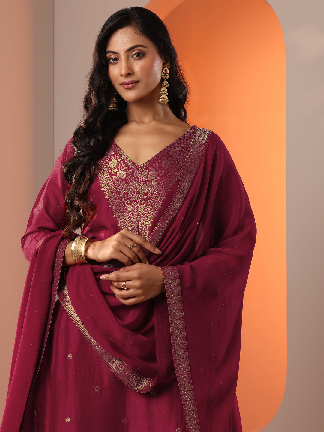 Maroon Woven Design Silk Blend Straight Suit Set With Dupatta