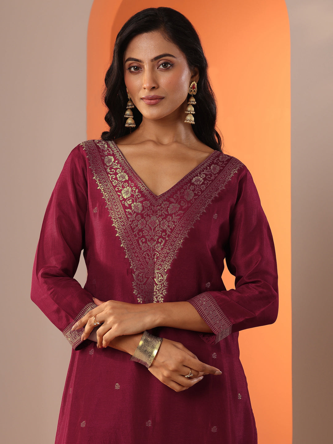 Maroon Woven Design Silk Blend Straight Suit Set With Dupatta