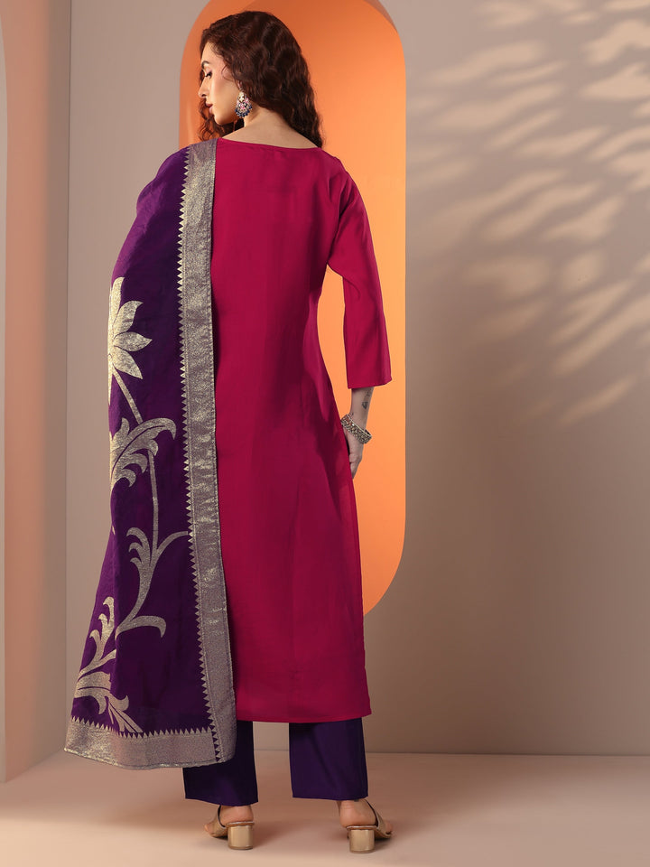 Pink Embroidered Silk Blend Straight Suit Set With Dupatta