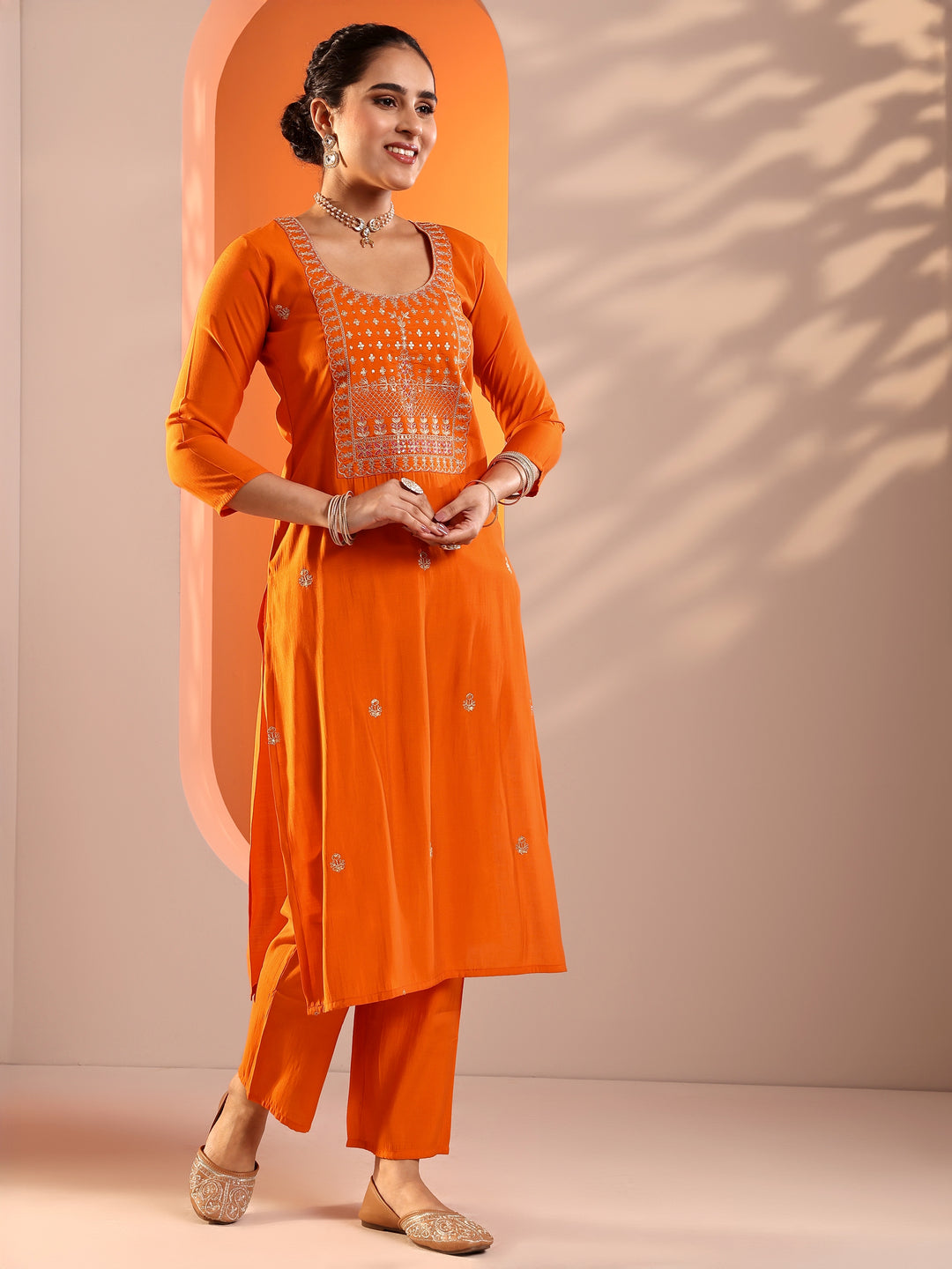 Orange Embellished Silk Blend Straight Suit Set With Dupatta