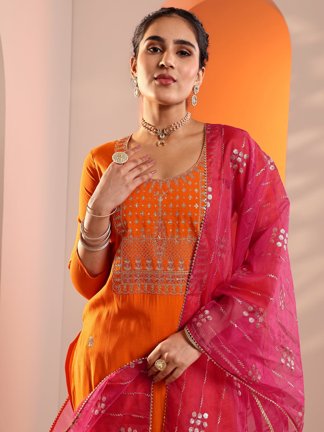 Orange Embellished Silk Blend Straight Suit Set With Dupatta