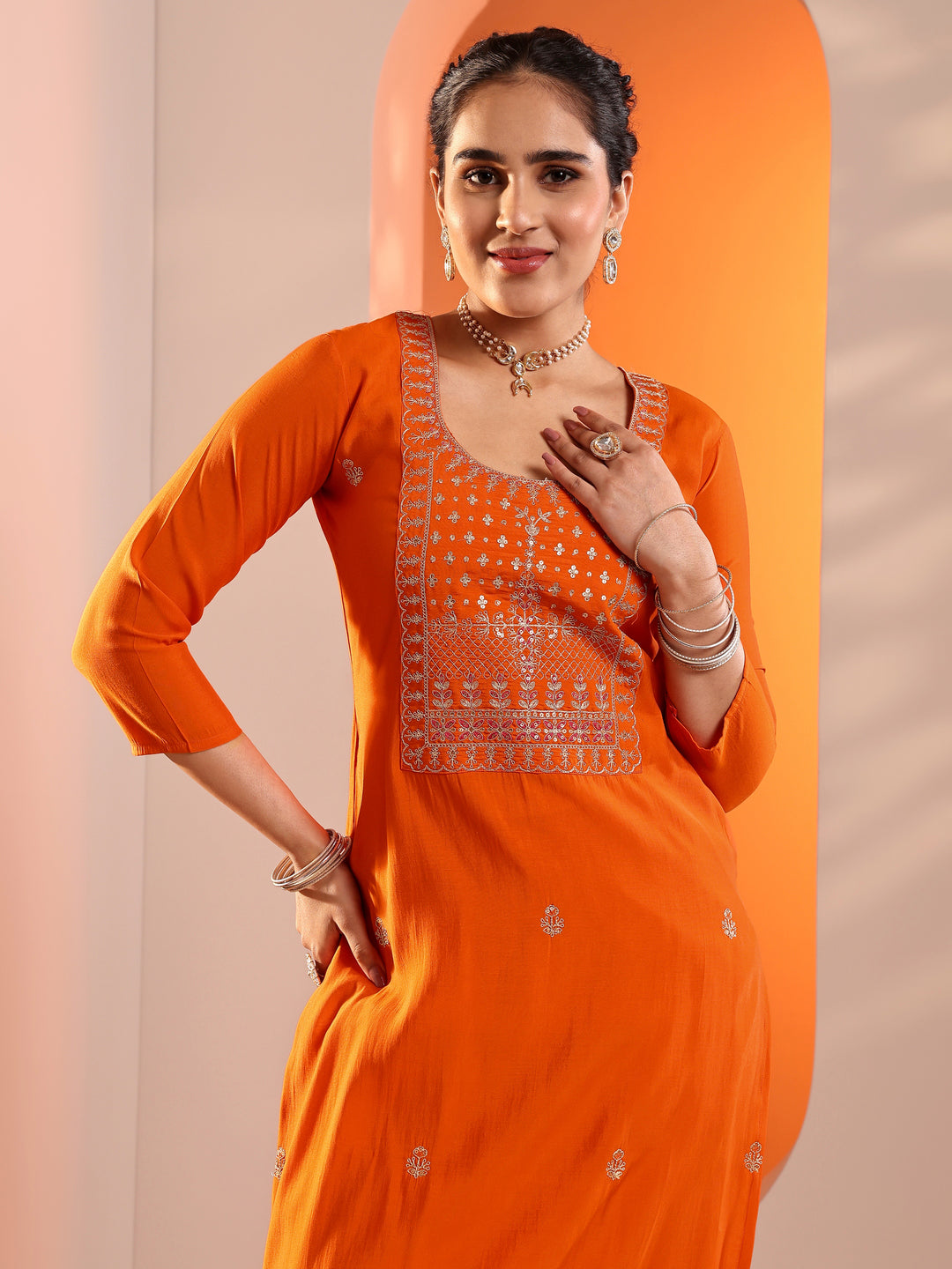 Orange Embellished Silk Blend Straight Suit Set With Dupatta