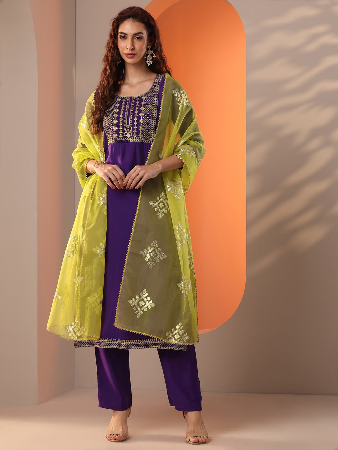 Purple Embellished Silk Blend Straight Suit Set With Dupatta