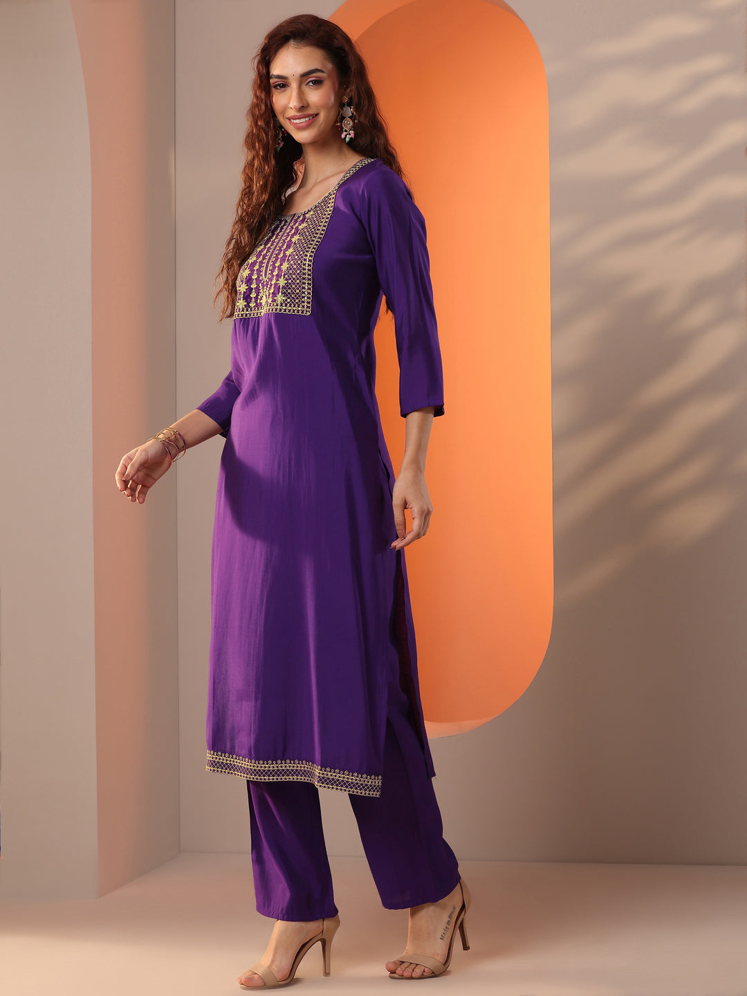 Purple Embellished Silk Blend Straight Suit Set With Dupatta