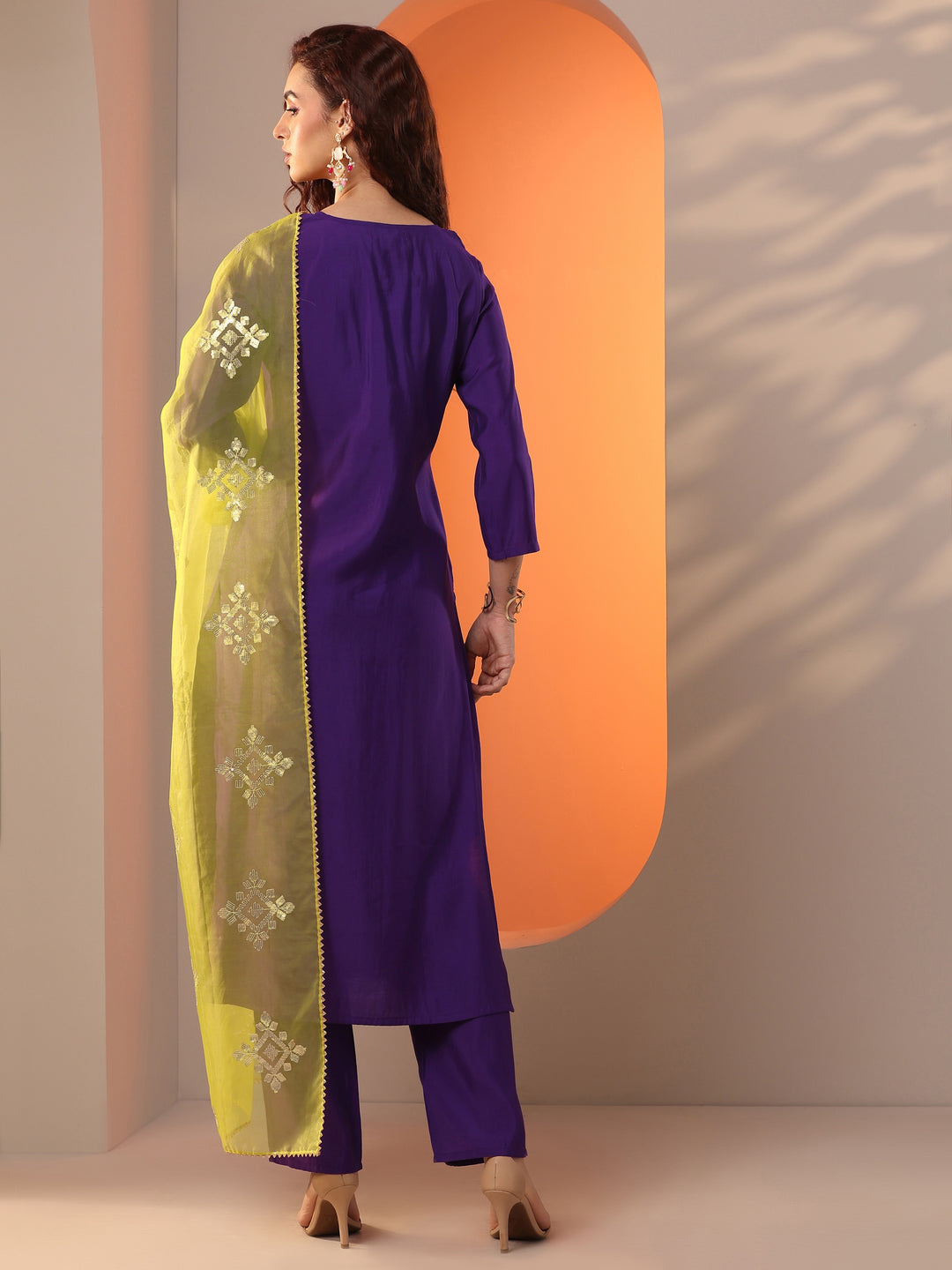 Purple Embellished Silk Blend Straight Suit Set With Dupatta