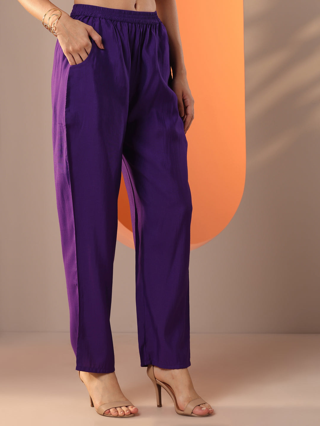 Purple Embellished Silk Blend Straight Suit Set With Dupatta