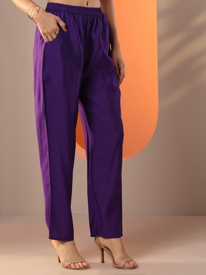 Purple Embellished Silk Blend Straight Suit Set With Dupatta