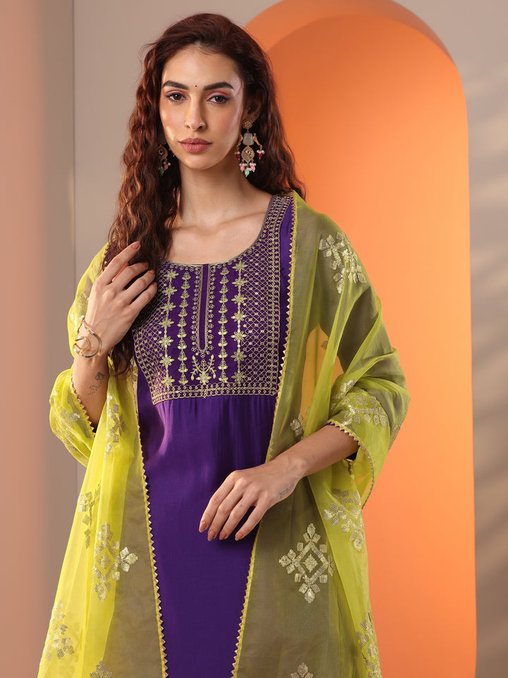 Purple Embellished Silk Blend Straight Suit Set With Dupatta