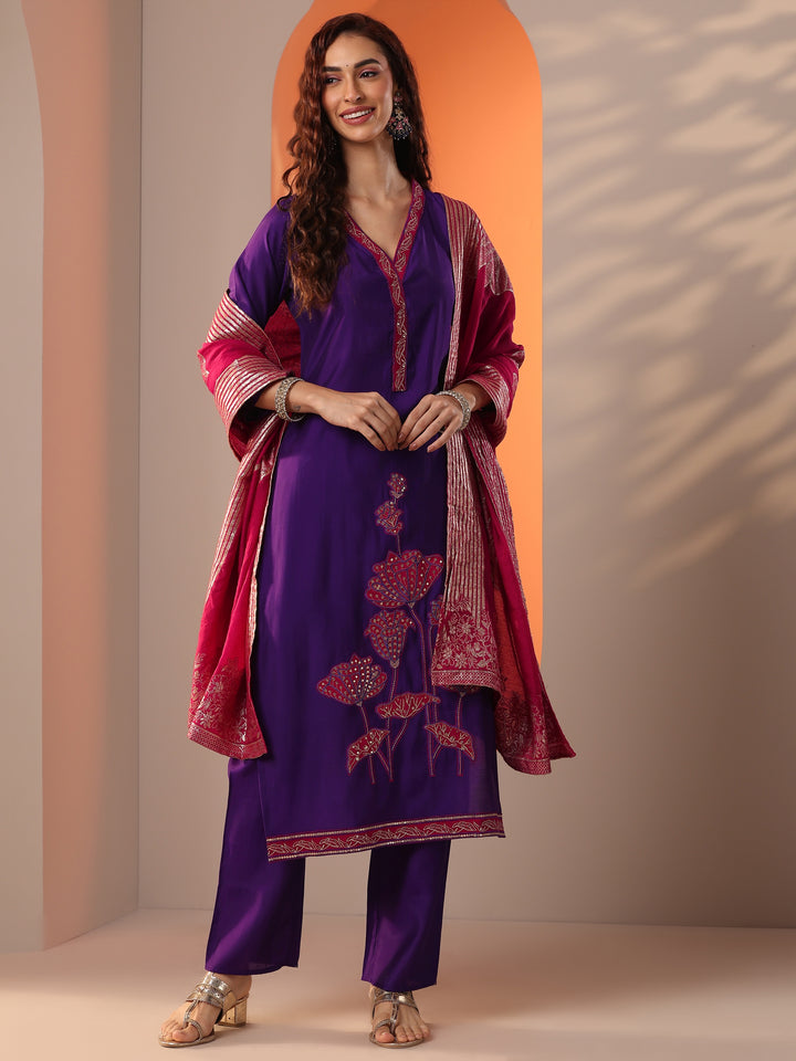 Purple Embellished Silk Blend Straight Suit Set With Dupatta