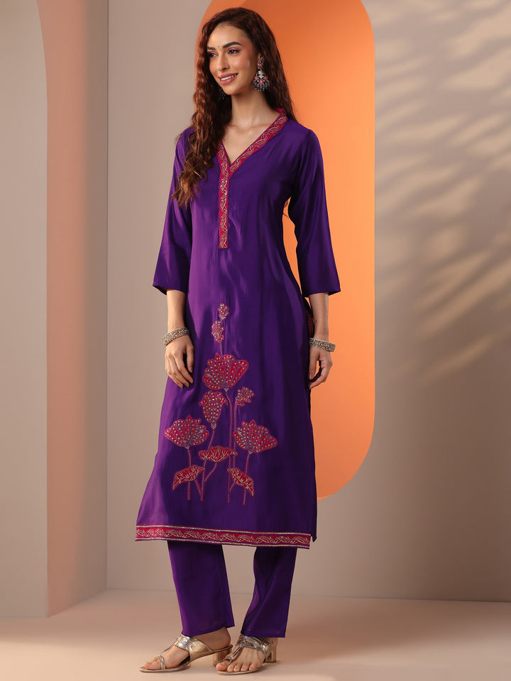 Purple Embellished Silk Blend Straight Suit Set With Dupatta