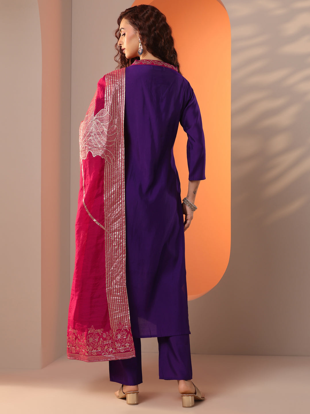 Purple Embellished Silk Blend Straight Suit Set With Dupatta