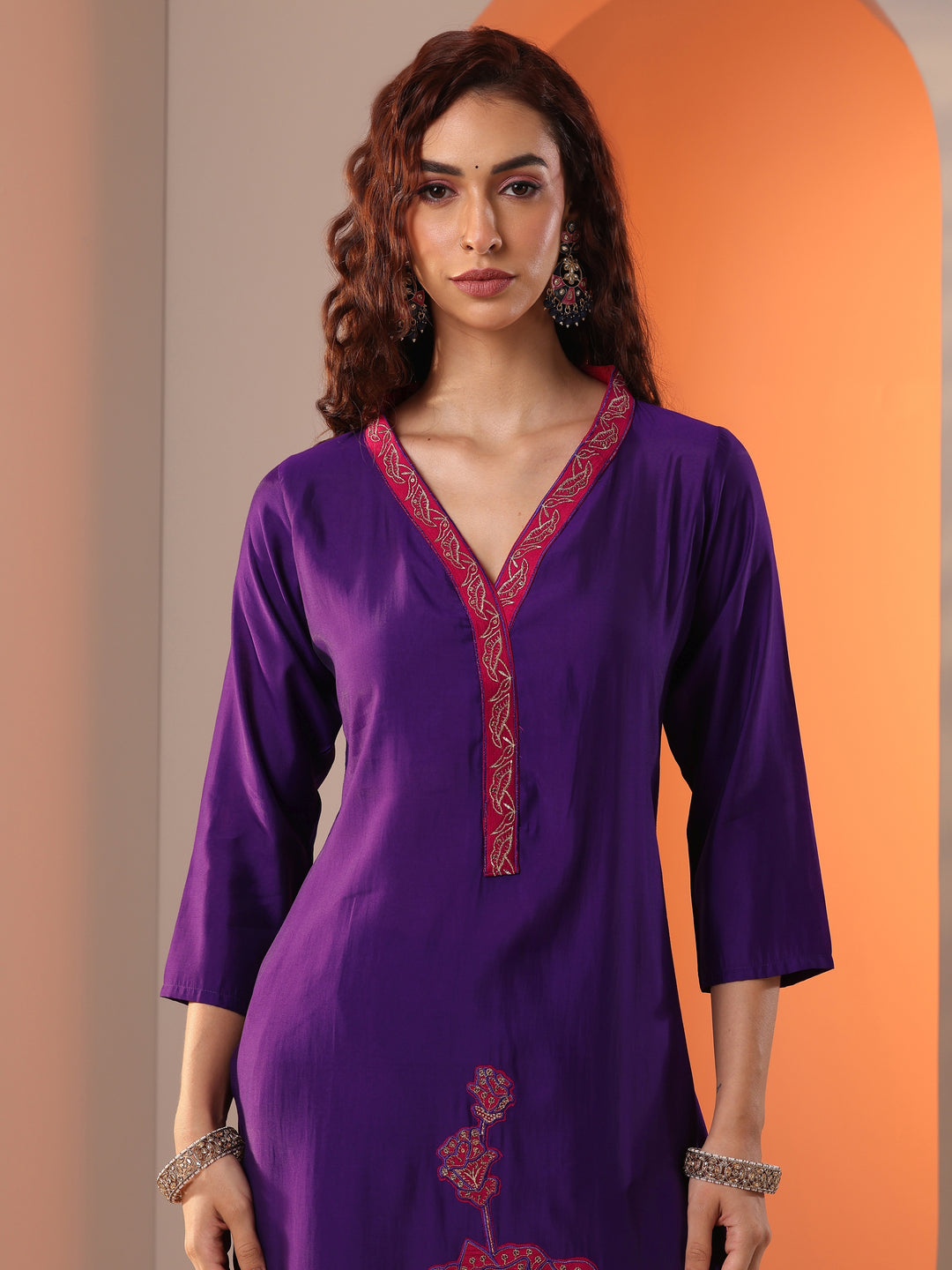 Purple Embellished Silk Blend Straight Suit Set With Dupatta