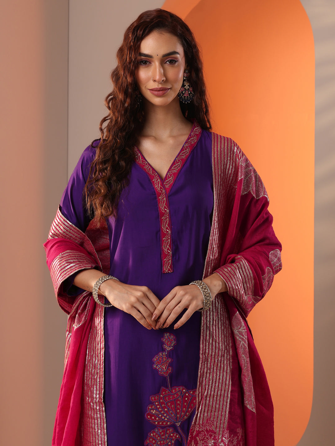 Purple Embellished Silk Blend Straight Suit Set With Dupatta