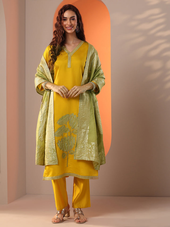 Mustard Embroidered Silk Blend Straight Suit Set With Dupatta