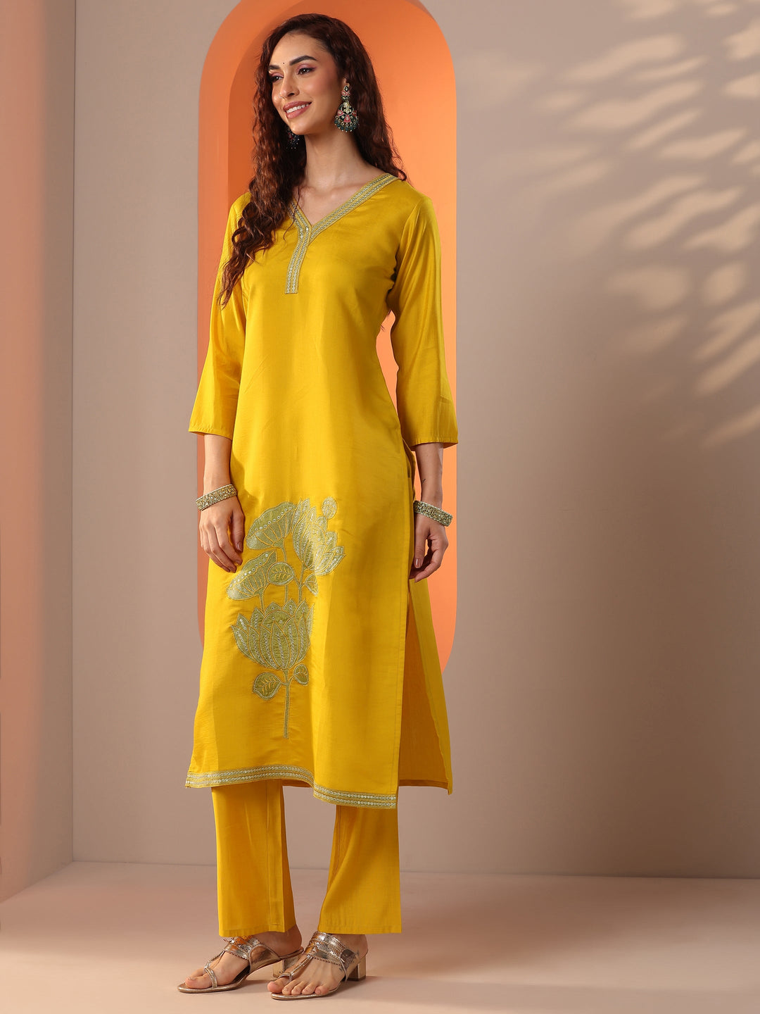 Mustard Embroidered Silk Blend Straight Suit Set With Dupatta