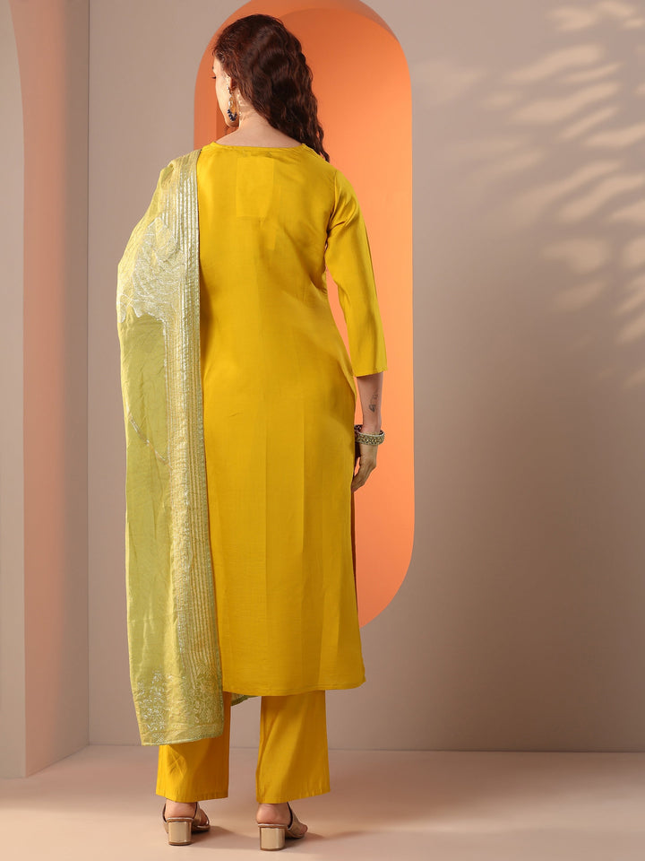 Mustard Embroidered Silk Blend Straight Suit Set With Dupatta