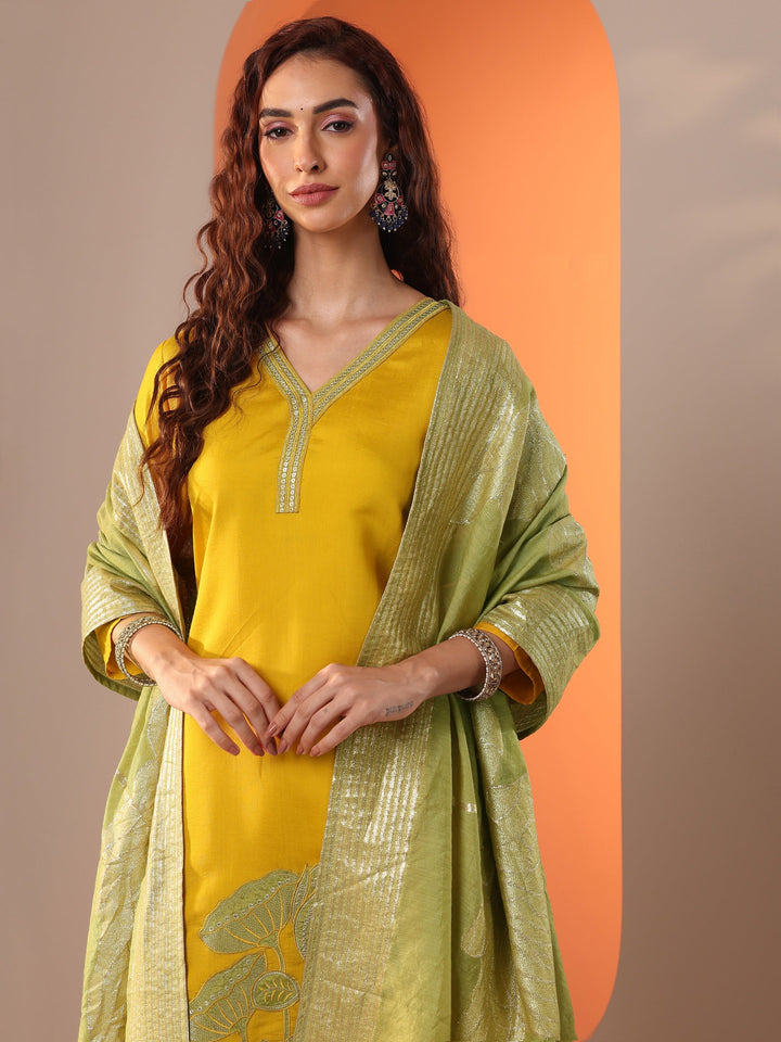 Mustard Embroidered Silk Blend Straight Suit Set With Dupatta