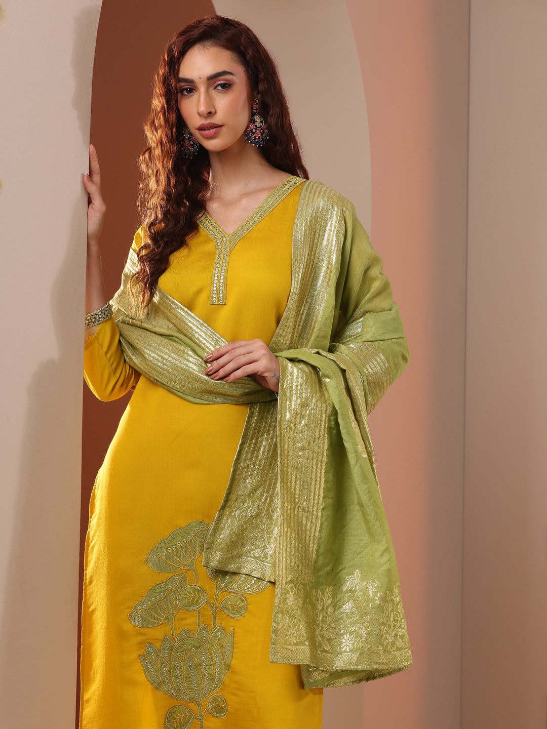 Mustard Embroidered Silk Blend Straight Suit Set With Dupatta
