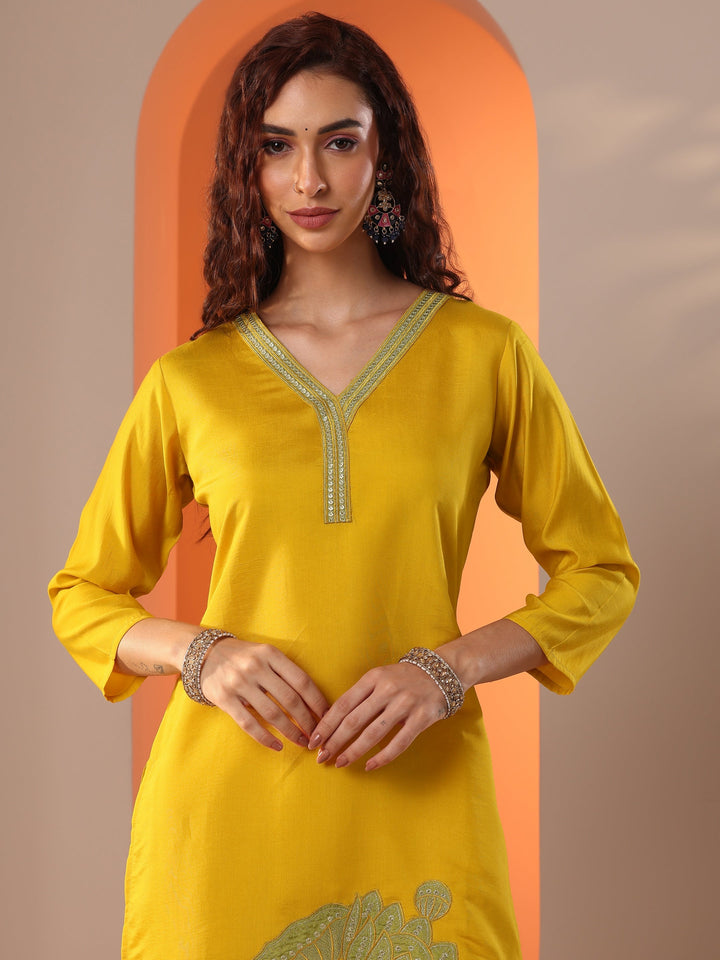 Mustard Embroidered Silk Blend Straight Suit Set With Dupatta