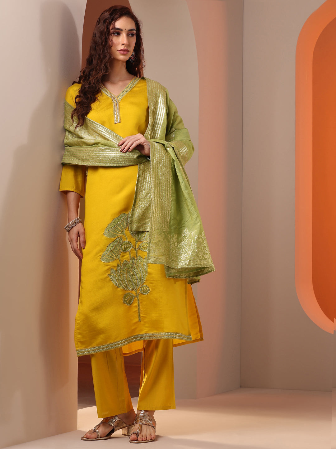 Mustard Embroidered Silk Blend Straight Suit Set With Dupatta