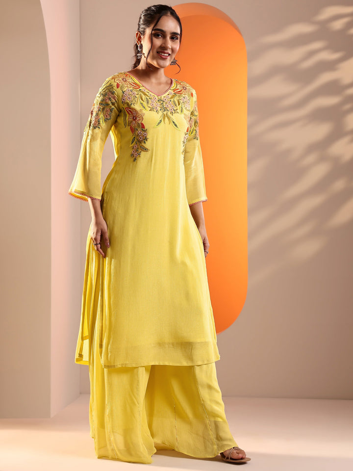 Yellow Embroidered Chinon Straight Suit Set With Dupatta