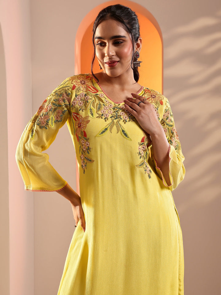 Yellow Embroidered Chinon Straight Suit Set With Dupatta