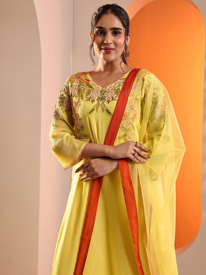Yellow Embroidered Chinon Straight Suit Set With Dupatta