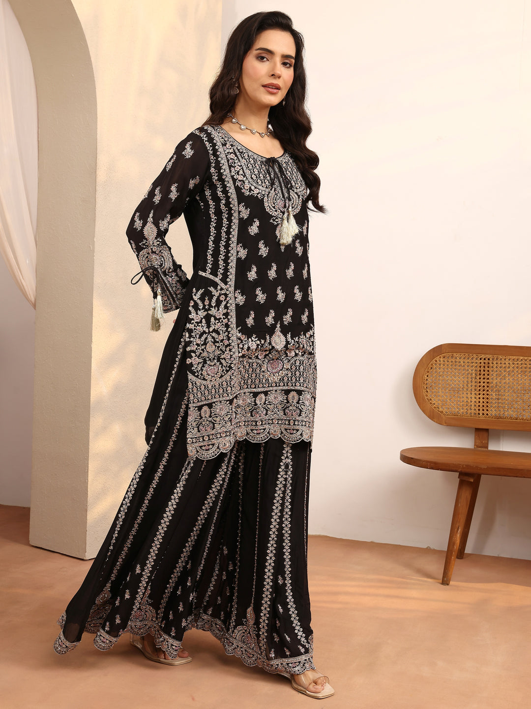 Libas Art Black Embroidered Chinon Straight Suit Set With Dupatta