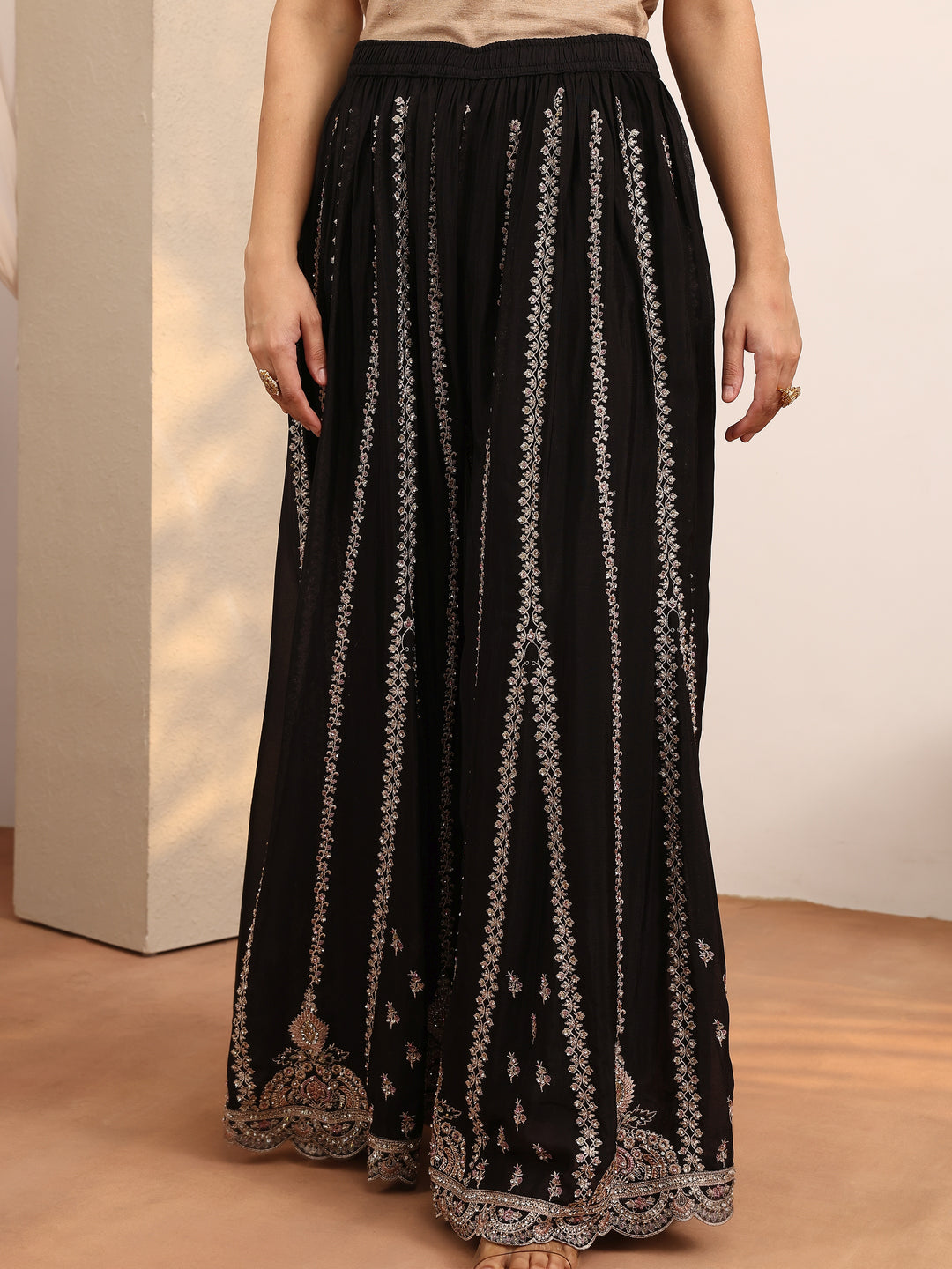 Libas Art Black Embroidered Chinon Straight Suit Set With Dupatta