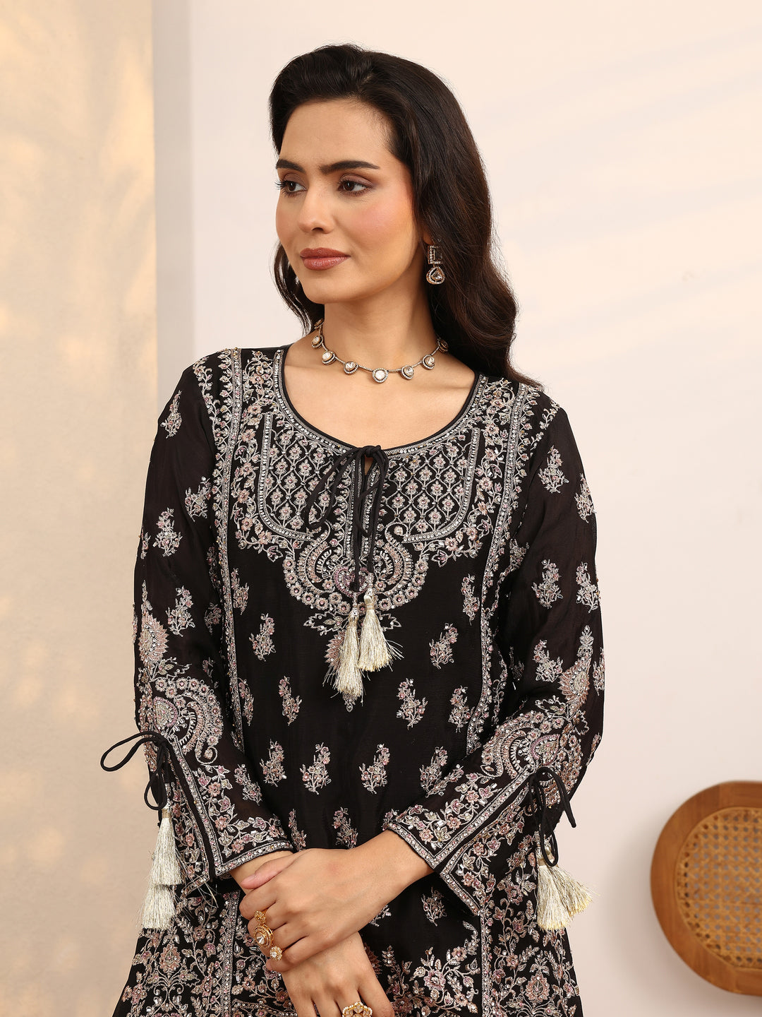 Libas Art Black Embroidered Chinon Straight Suit Set With Dupatta