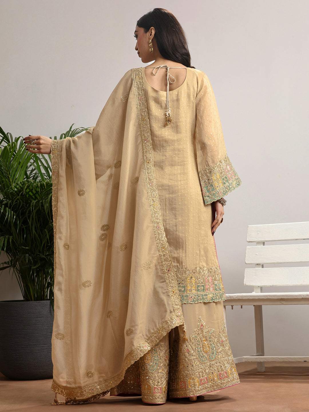 Libas Art Gold Embroidered Silk blend Suit Set With Dupatta